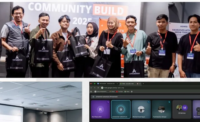 Peserta Community Build Up berfoto bersama membawa tas belanja Antarestar
