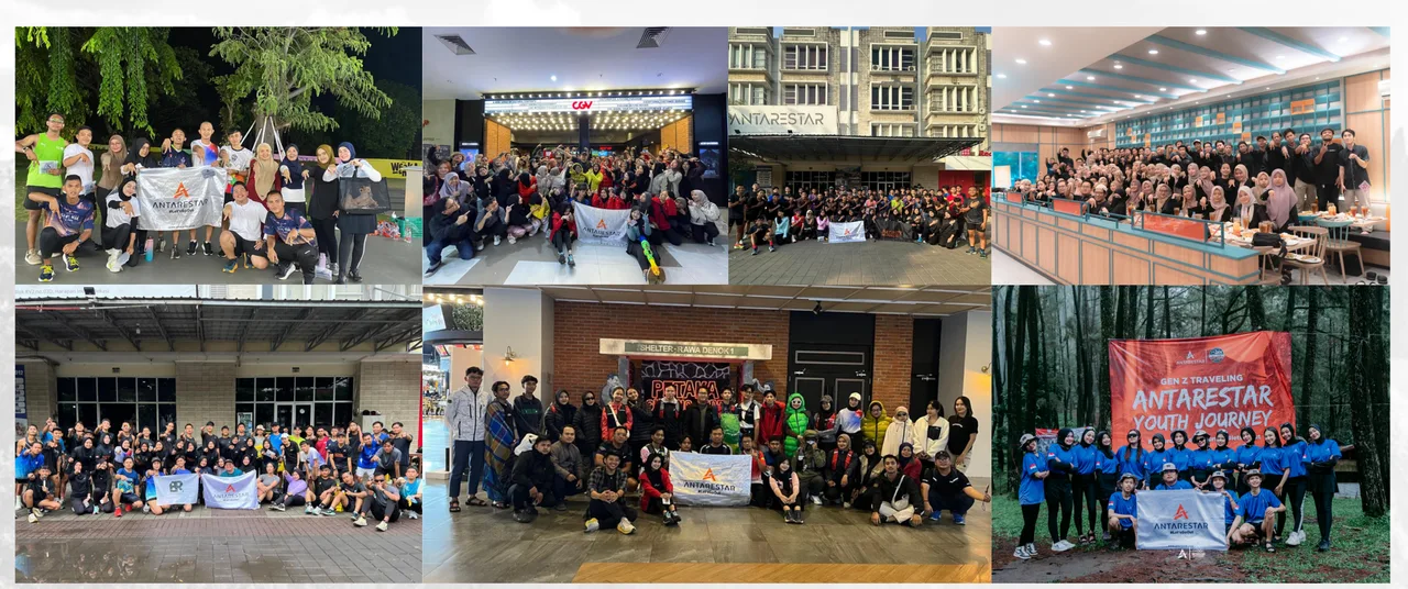 Kumpulan foto kegiatan komunitas Antarestar: lari pagi bareng, nonton bareng, buka puasa, dan trip Youth Journey